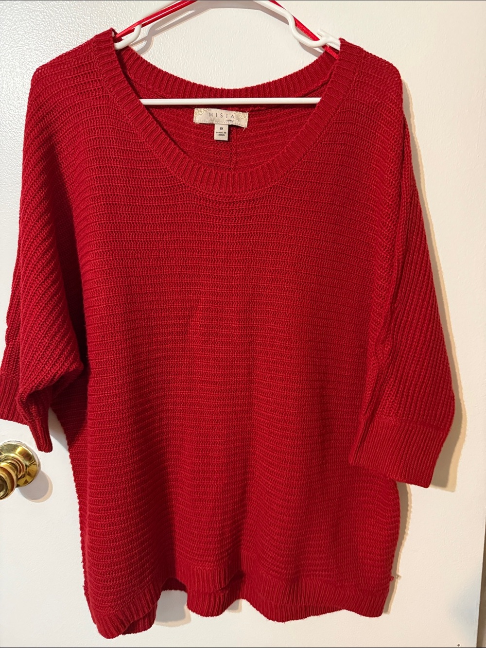 Misia Red Ribbed Scoop-Neck Knit Sweater